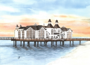 Postkarte DIN-A6 Aquarell Maritim Kunst Druck Kunstdruck Ostsee Rügen Seebrücke Sellin Brücke Steg